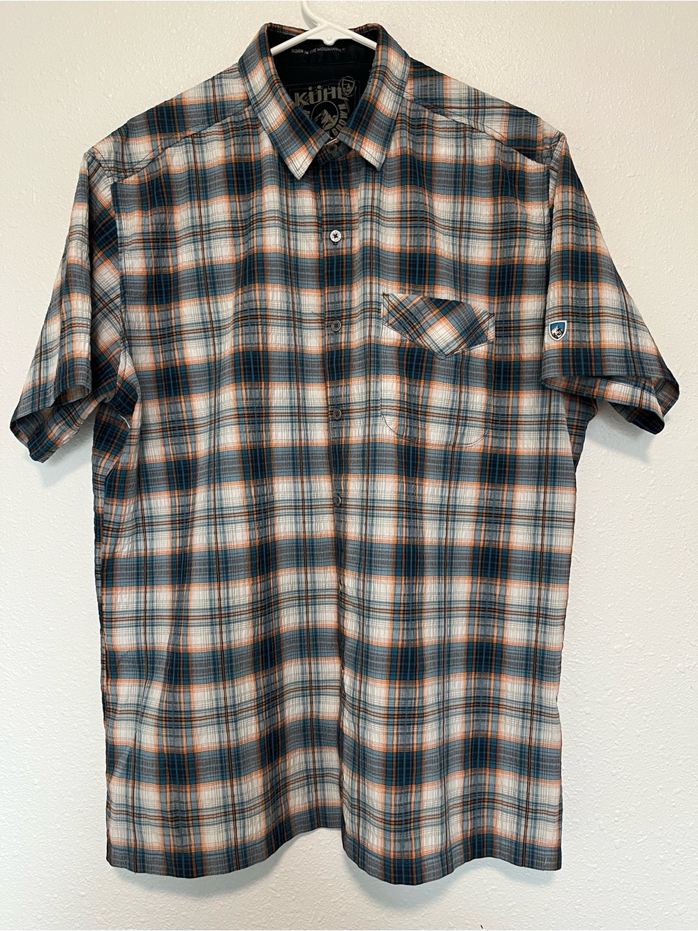 Kuhl Men's Short Sleeve Plaid Button-Down in Teal, Orange and White